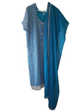 Naseem's Collection Blue Floral Kaftan with Matching Peacock Blue Dupatta